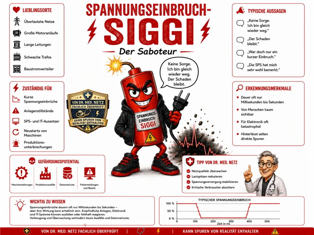Infografik-Steckbrief zu Spannungseinbruch-Siggi mit Textblöcken zu Lieblingsorten, Zuständigkeit, typischen Aussagen, Erkennungsmerkmalen, Gefährdungspotential, einem Diagramm eines typischen Spannungseinbruchs und einem Tipp von Dr. med. Netz; im Zentrum die rote Dynamitfigur mit Zündschnur und Stecker.