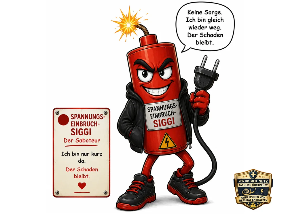 Rote, dynamitstangenförmige Comicfigur mit brennender Zündschnur, finsterem Grinsen, schwarzer Lederjacke mit der Aufschrift „Spannungseinbruch-Siggi“, Warnzeichen-Aufnäher und schwarzen Stiefeln hält einen Stecker mit angeschlossenem Kabel in der Hand; Sprechblase „Keine Sorge. Ich bin gleich wieder weg. Der Schaden bleibt.“