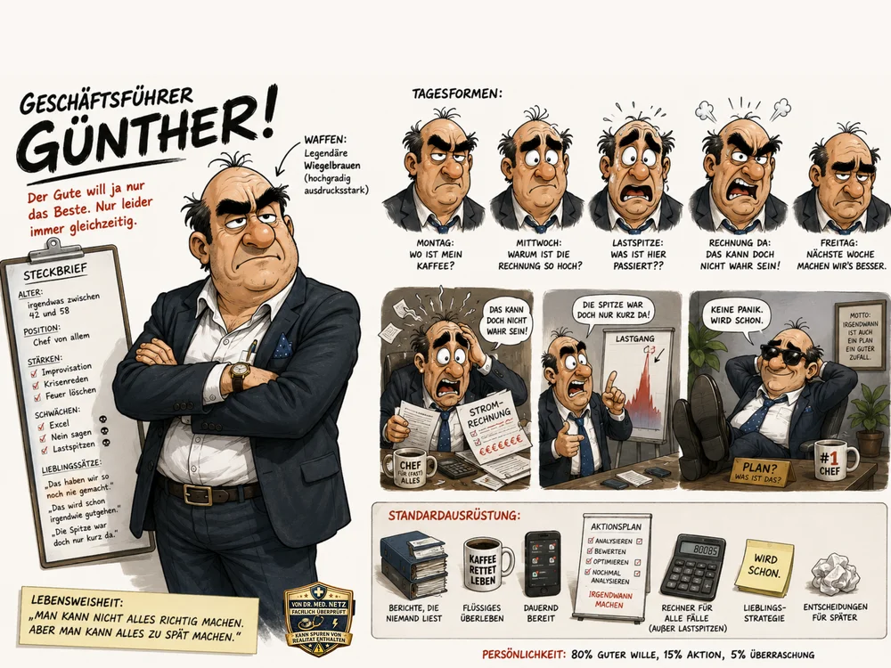 Comic-Figur Geschäftsführer Günther mit verschränkten Armen, umgeben von einer Steckbrief-Tafel, fünf Gesichtsausdrücken für verschiedene Wochentage und einem dreiteiligen Comic-Streifen zu Lastspitzen und Stromrechnung, Motto „Man kann nicht alles richtig machen. Aber man kann alles zu spät machen.“
