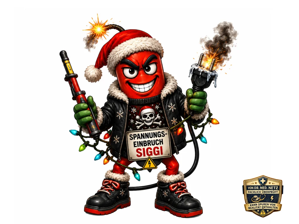 Rote Dynamitfigur mit Weihnachtsmütze, Lederjacke mit Totenkopf-Weihnachtsmuster und Lichterkette hält in einer Hand ein Messgerät und in der anderen einen rauchenden, vereisten Stecker.