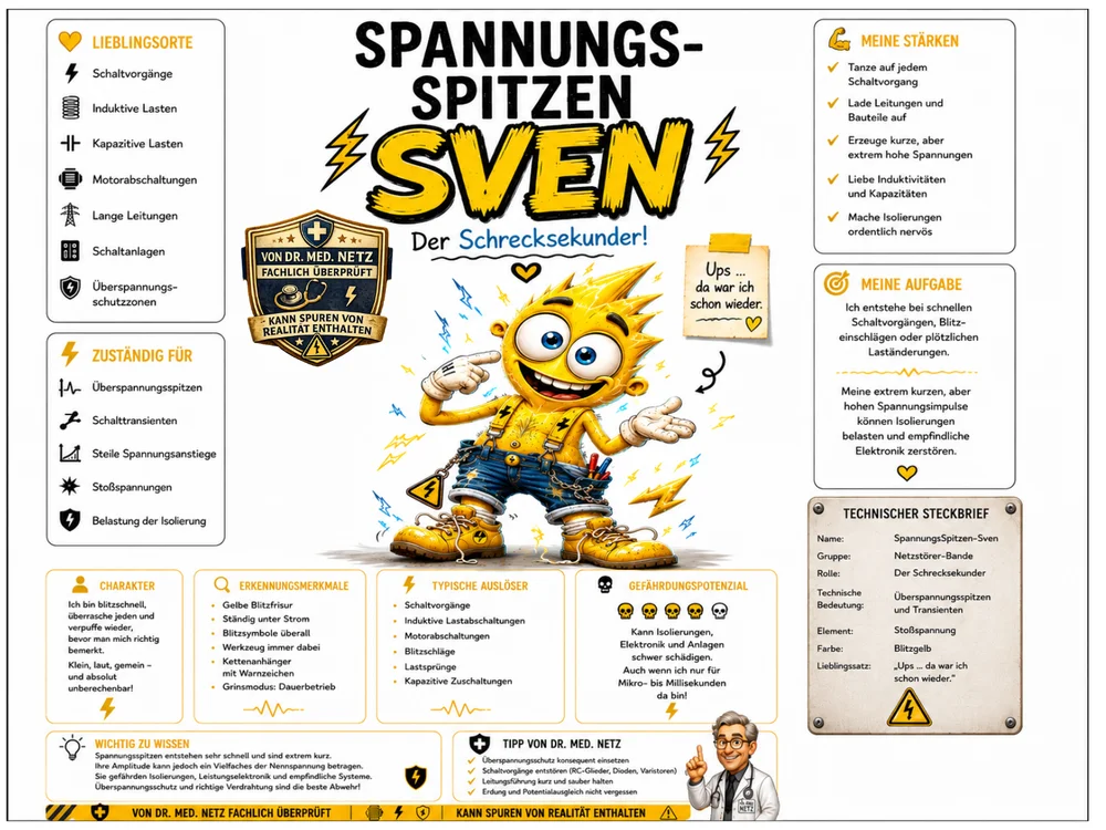 Infografik-Steckbrief zu Spannungsspitzen-Sven mit Textblöcken zu Lieblingsorten, Zuständigkeit, Charakter, Erkennungsmerkmalen, typischen Auslösern, Gefährdungspotential, Stärken, Aufgabe und technischem Steckbrief; im Zentrum die gelbe Blitzfrisur-Figur.