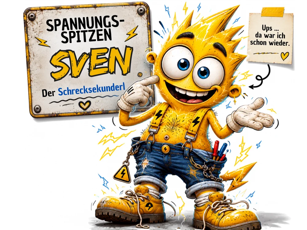 Gelbe, kindliche Comicfigur mit blitzförmiger Frisur, weit aufgerissenen Augen und Trägerhose mit Blitzsymbolen zeigt breit grinsend mit beiden Zeigefingern auf sich selbst, umgeben von gezackten gelben Blitzsymbolen; ein Notizzettel zeigt den Text „Ups … da war ich schon wieder.“; daneben ein Schild mit der Aufschrift „Spannungsspitzen-Sven – Der Schrecksekunder“.
