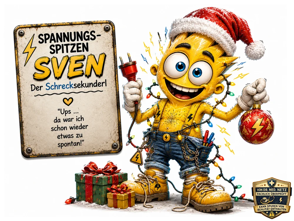 Gelbe Blitzfrisur-Figur mit Weihnachtsmütze und Lichterkette um den Körper hält in einer Hand einen roten Stecker und in der anderen eine rote Weihnachtskugel mit Blitzsymbol, daneben zwei Geschenke; Notizzettel mit dem Text „Ups … da war ich schon wieder etwas zu spontan!“