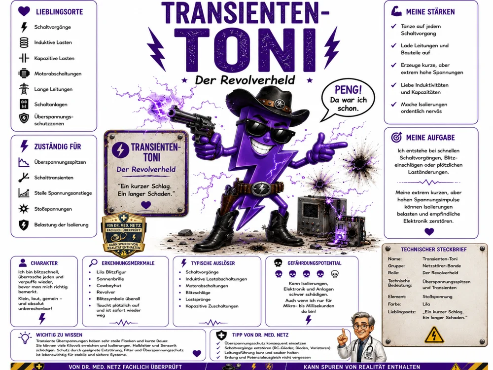 Infografik-Steckbrief zu Transienten-Toni mit Textblöcken zu Lieblingsorten, Zuständigkeit, Charakter, Erkennungsmerkmalen, typischen Auslösern, Gefährdungspotential, Stärken, Aufgabe und technischem Steckbrief; im Zentrum die lila Blitz-Cowboyfigur mit Revolver vor einem beschädigten Schaltschrank.
