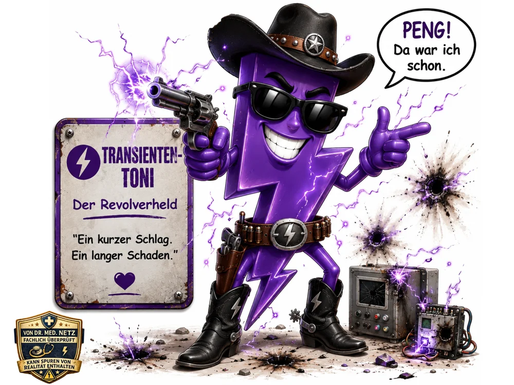 Lila, blitzförmige Comicfigur mit schwarzem Cowboyhut, Sonnenbrille, Patronengürtel und Cowboystiefeln hält rauchend einen Revolver in der Hand, umgeben von lila Blitzen und Einschusslöchern in einem beschädigten Schaltschrank; Sprechblase „PENG! Da war ich schon.“; daneben ein Schild mit der Aufschrift „Transienten-Toni – Der Revolverheld“ und dem Zitat „Ein kurzer Schlag. Ein langer Schaden.“