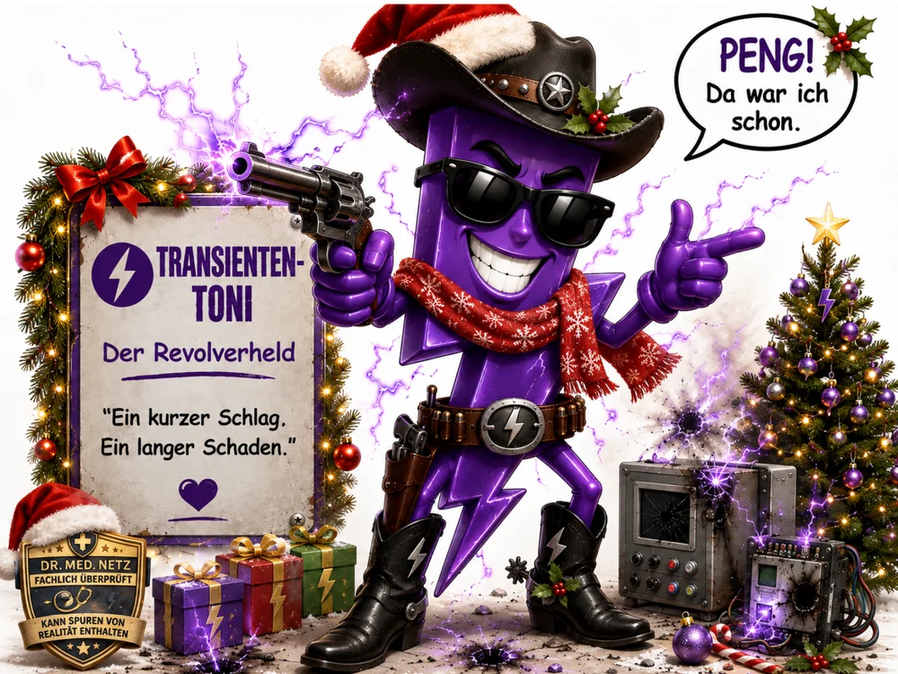 Lila Blitz-Cowboyfigur mit Weihnachtsmütze, rotem Schal mit Schneeflockenmuster und weihnachtlich geschmücktem Patronengürtel hält rauchend einen Revolver vor einem geschmückten Weihnachtsbaum und Geschenken; Sprechblase „PENG! Da war ich schon.“