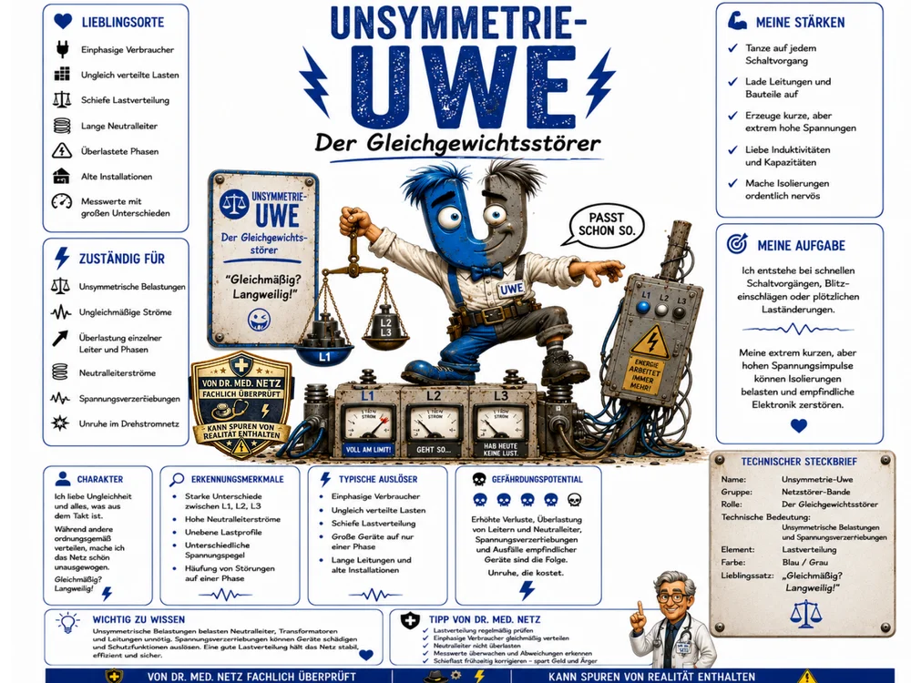 Infografik-Steckbrief zu Unsymmetrie-Uwe mit Textblöcken zu Lieblingsorten, Zuständigkeit, Charakter, Erkennungsmerkmalen, typischen Auslösern, Gefährdungspotential, Stärken, Aufgabe und technischem Steckbrief; im Zentrum die U-förmige Figur mit Waage vor dem Schaltschrank mit den drei Strommessgeräten.