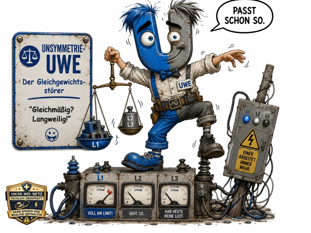 Blau-graue, U-förmige Comicfigur mit Fliege, Hosenträgern und Namensschild „UWE“ balanciert eine Waage mit einem schwereren Gewicht L1 auf der einen Seite und leichteren Gewichten L2/L3 auf der anderen; im Hintergrund ein Schaltschrank mit drei Strommessgeräten für L1, L2, L3 und den Anzeigen „Voll am Limit!“, „Geht so…“ und „Hab heute keine Lust.“; Sprechblase „Passt schon so.“; daneben ein Schild mit der Aufschrift „Unsymmetrie-Uwe – Der Gleichgewichtsstörer“ und dem Zitat „Gleichmäßig? Langweilig!“
