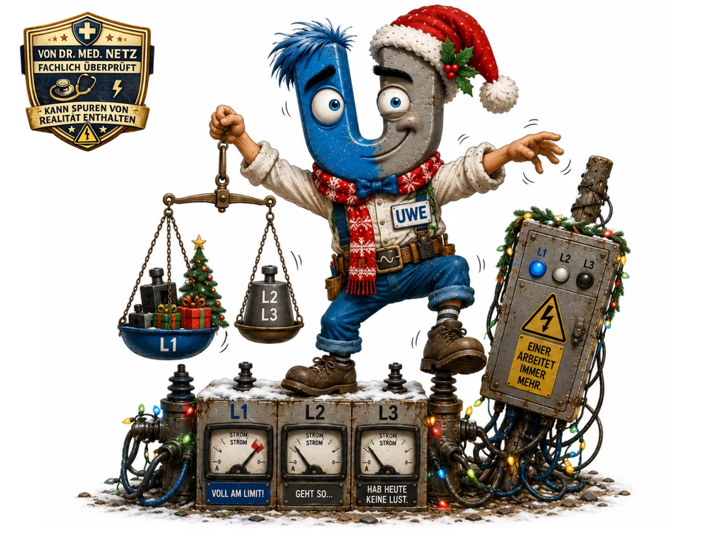 Blau-graue U-förmige Figur mit Weihnachtsmütze und rot-weißem Schal balanciert eine Waage mit Weihnachtsbaum und Geschenken auf der L1-Seite und Gewichten L2/L3 auf der anderen Seite, vor einem weihnachtlich mit Lichterkette und Tannenzweigen geschmückten Schaltschrank.