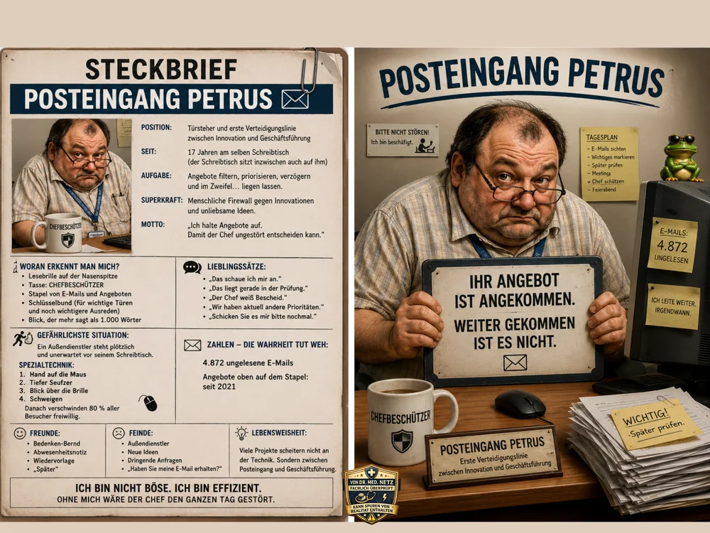 Zweiteilige Grafik: Steckbrief von Posteingang Petrus als Türsteher zwischen Innovation und Geschäftsführung sowie Foto der Comic-Figur am Schreibtisch mit Schild „Ihr Angebot ist angekommen. Weiter gekommen ist es nicht.“