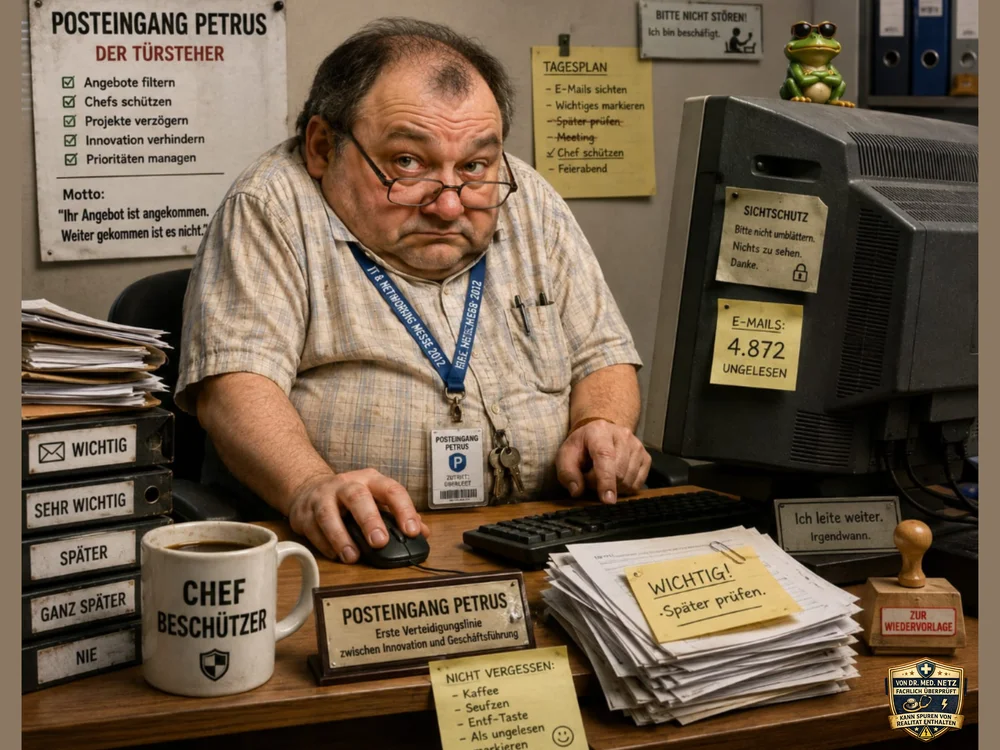 Comic-Figur Posteingang Petrus am überfüllten Schreibtisch mit Aktenordnern, Kaffeetasse „Chef Beschützer“, Computerbildschirm mit 4.872 ungelesenen E-Mails und Klebezetteln zu seinem Tagesplan.