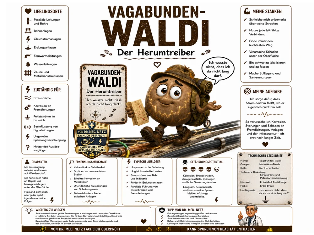 Infografik-Steckbrief zu Vagabunden-Waldi mit Textblöcken zu Lieblingsorten, Zuständigkeit, Charakter, Erkennungsmerkmalen, typischen Auslösern, Gefährdungspotential, Stärken, Aufgabe und technischem Steckbrief; im Zentrum die braune Wanderfigur mit Schatzkarte auf den Leitungen.