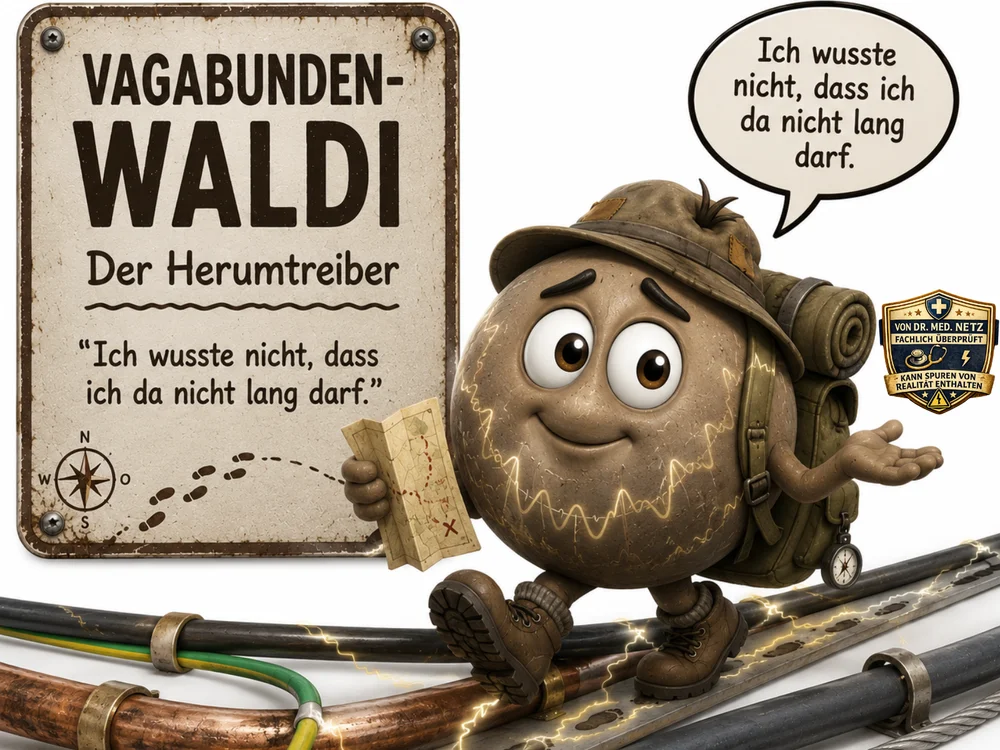 Braune, runde Comicfigur mit Wanderhut, Rucksack und Wanderstiefeln, über deren Oberfläche gelbe, blitzartige Stromlinien verlaufen, hält eine Schatzkarte in der Hand und läuft über parallel verlegte Rohre und Kabel; daneben ein Schild mit der Aufschrift „Vagabunden-Waldi – Der Herumtreiber“ und dem Zitat „Ich wusste nicht, dass ich da nicht lang darf.“