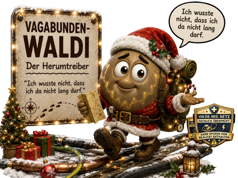 Braune runde Wanderfigur im Weihnachtsmann-Kostüm mit Rucksack, Wanderstiefeln und Schatzkarte läuft über die Leitungen vor einem geschmückten Weihnachtsbaum mit Geschenken und einer Laterne.