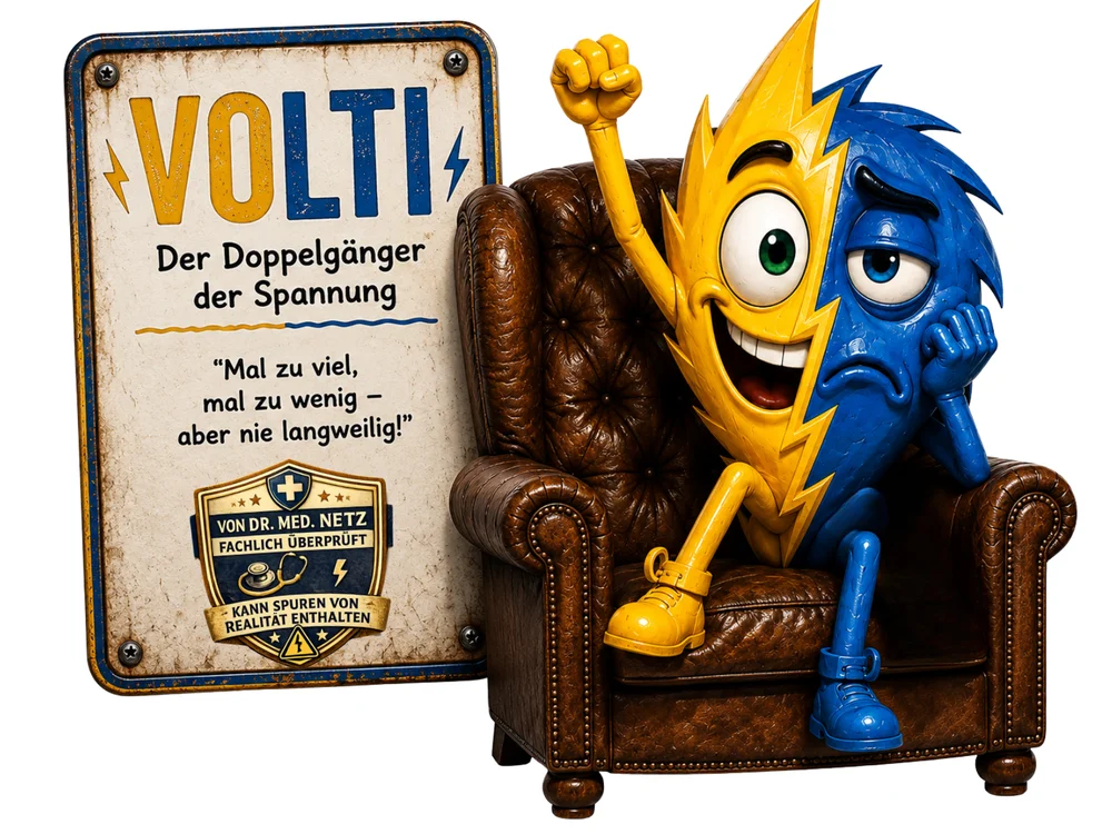 Comicfigur, deren linke Körperhälfte als gelber, fröhlich grinsender Blitz mit erhobener Faust und die rechte Hälfte als blaue, traurig dreinblickende Gestalt mit auf die Hand gestütztem Kopf gestaltet ist, sitzt in einem braunen Ledersessel; daneben ein Schild mit der Aufschrift „Volti – Der Doppelgänger der Spannung“ und dem Zitat „Mal zu viel, mal zu wenig – aber nie langweilig!“