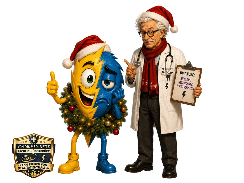 Halb gelb-halb blaue Comicfigur mit Weihnachtsmütze und einem Tannenzweig-Kranz um den Körper daneben steht mit erhobenem Daumen Dr. med. Netz, der eine Weihnachtsmütze, einen roten Schal und ein Klemmbrett mit der Aufschrift „Diagnose: Bipolare Netzstörung. Fortgeschritten.“ trägt.