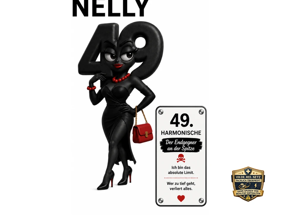 Illustration der Comicfigur Nelly, schwarz gekleidete Figur mit der Zahl 49 als Kopf, roter Perlenkette, roter Handtasche und High Heels; Infobox 'Zuständig für: Grenzen setzen. Richtung halten. Souverän entscheiden.' sowie Karte '49. Harmonische – Der Endgegner an der Spitze – Ich bin das absolute Limit. Wer zu tief geht, verliert alles.'