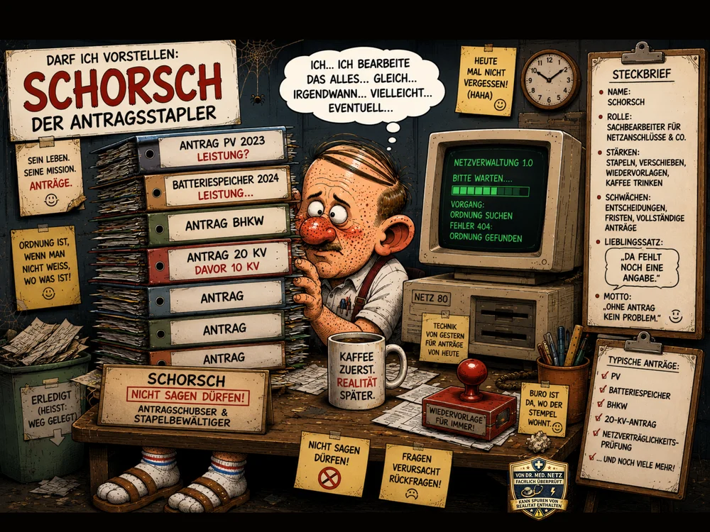 Comic-Figur Schorsch, der Antragsstapler, an einem Schreibtisch mit Aktenordnern zu PV-Antrag, Batteriespeicher, BHKW und 20-kV-Antrag, altem Computerbildschirm „Netzverwaltung 1.0“ und Steckbrief-Tafel.