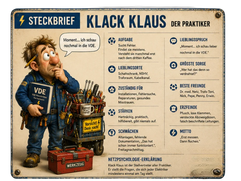 Steckbrief von Klack-Klaus, dem Praktiker, mit VDE-Handbuch und Werkzeugwagen, Rubriken Aufgabe, Lieblingsorte, Zuständigkeit, Stärken, Schwächen, Lieblingsspruch, Freunde und Motto „Erst messen. Dann fluchen.“