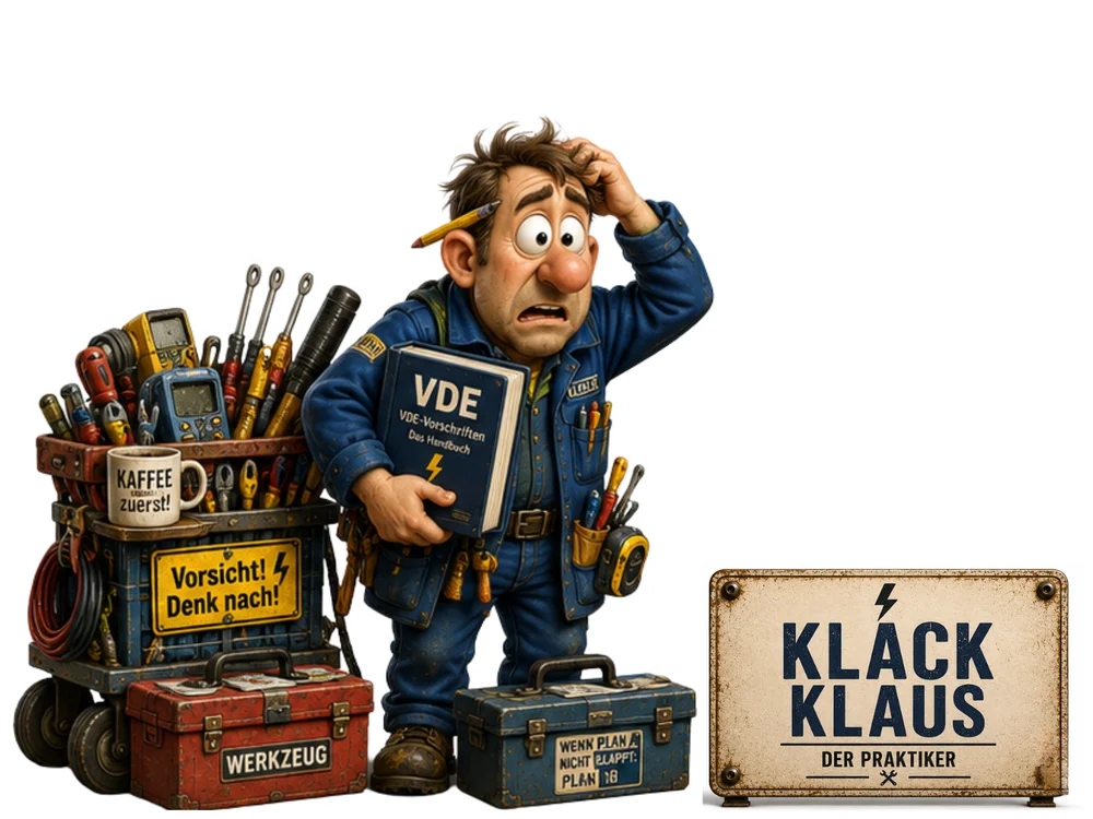 Comic-Figur Klack-Klaus mit VDE-Handbuch, Werkzeugwagen und Werkzeugkoffer, neben einem Schild „Klack Klaus – Der Praktiker“.