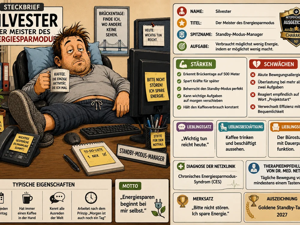 Zweiteiliger Steckbrief von Silvester, „Der Meister des Energiesparmodus“, im Bürostuhl liegend mit Kaffeetasse, Rubriken Stärken, Schwächen, Lieblingssatz, Diagnose der Netzklinik und Auszeichnung „Goldene Standby-Tapete 2027“.