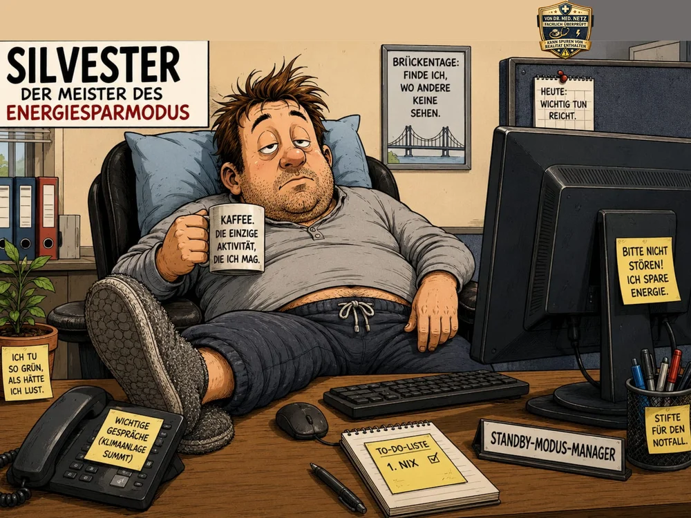 Comic-Figur Silvester, im Bürostuhl zurückgelehnt mit Kaffeetasse, umgeben von Klebezetteln wie „Bitte nicht stören! Ich spare Energie“ und einem Schild „Standby-Modus-Manager“.
