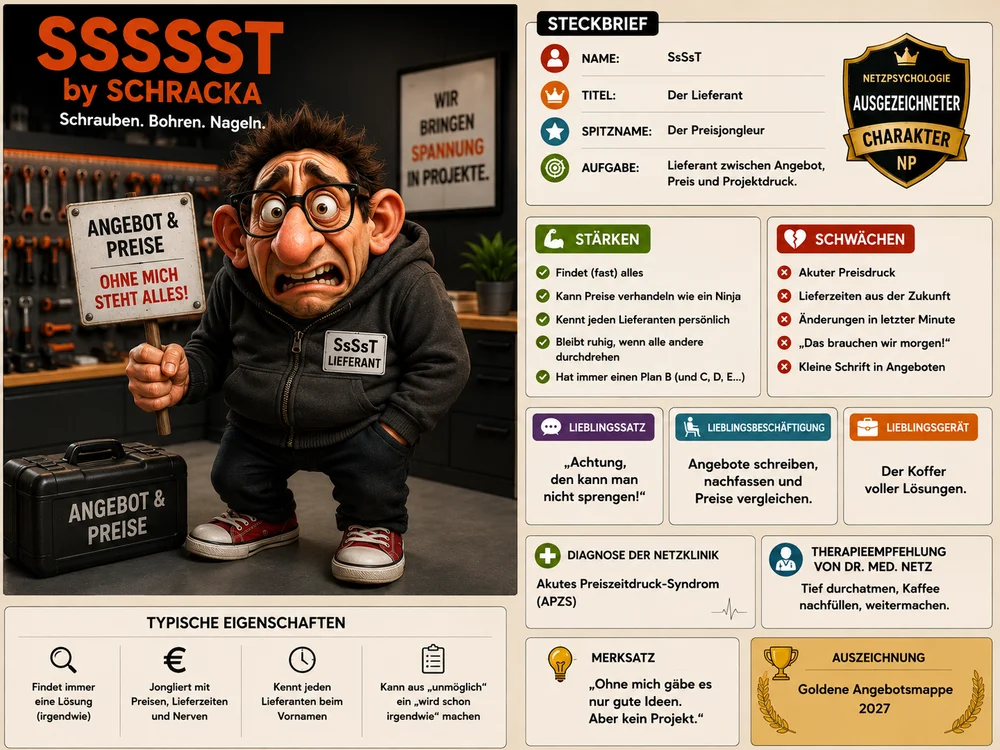 Steckbrief des Lieferanten SsSsT von Schracka mit Schild „Angebot & Preise – Ohne mich steht alles!“ und Rubriken Stärken, Schwächen, Lieblingssatz, Diagnose der Netzklinik und Auszeichnung „Goldene Angebotsmappe 2027“.
