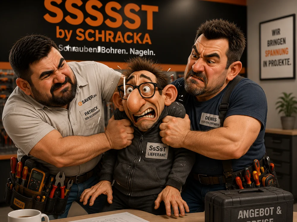 Comic-Szene: Die Elektriker Patrick und Denis packen den verängstigten Lieferanten SsSsT von Schracka vor dem Ladenschild „Ssssst by Schracka – Schrauben. Bohren. Nageln.“