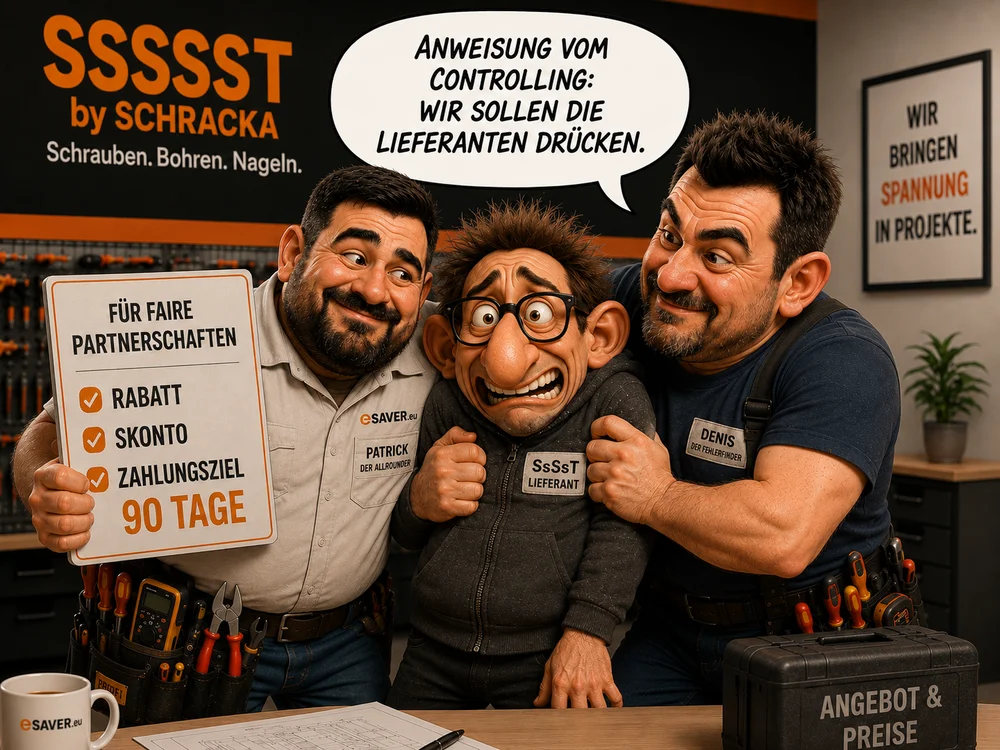 Comic-Szene: Patrick und Denis stehen neben dem verängstigten Lieferanten SsSsT vor einem Schild „Für faire Partnerschaften – Rabatt, Skonto, Zahlungsziel 90 Tage“, Sprechblase „Anweisung vom Controlling: Wir sollen die Lieferanten drücken.“