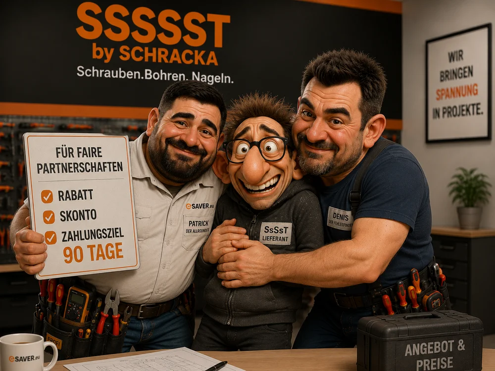 Comic-Szene: Patrick und Denis umarmen lachend den Lieferanten SsSsT vor dem Schild „Für faire Partnerschaften – Rabatt, Skonto, Zahlungsziel 90 Tage“.