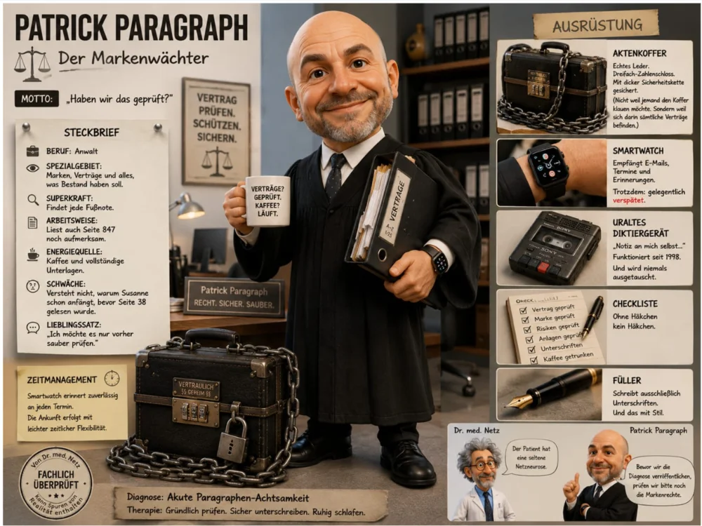 Steckbrief von Anwalt Patrick Paragraph, „Der Markenwächter“, mit Aktenkoffer, Diktiergerät und Checkliste, Rubriken Steckbrief, Ausrüstung, Zeitmanagement und Diagnose „Akute Paragraphen-Achtsamkeit“, Motto „Haben wir das geprüft?“
