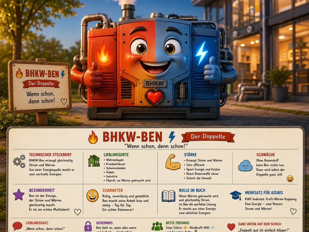 Comic-Figur BHKW-Ben vor einem Wohngebäude im Freien, ein Blockheizkraftwerk-Aggregat mit halb roter, halb blauer Gehäusehälfte, flammendem Symbol auf der roten und Blitzsymbol auf der blauen Seite, mittig ein rotes Herz, Schornsteinrohre oben und beide Daumen nach oben gestreckt. Darunter ein ausführlicher Info-Kasten "BHKW-Ben – Der Doppelte – Wenn schon, denn schon!" mit technischem Steckbrief, Lieblingsorten (Wohnanlagen, Krankenhäuser, Schwimmbäder, Hotels, Industrie), Stärken, Schwäche, Besonderheit, Charakter, Rolle im Buch, Merksatz für Azubis, Geheimnis und bester Freunde.