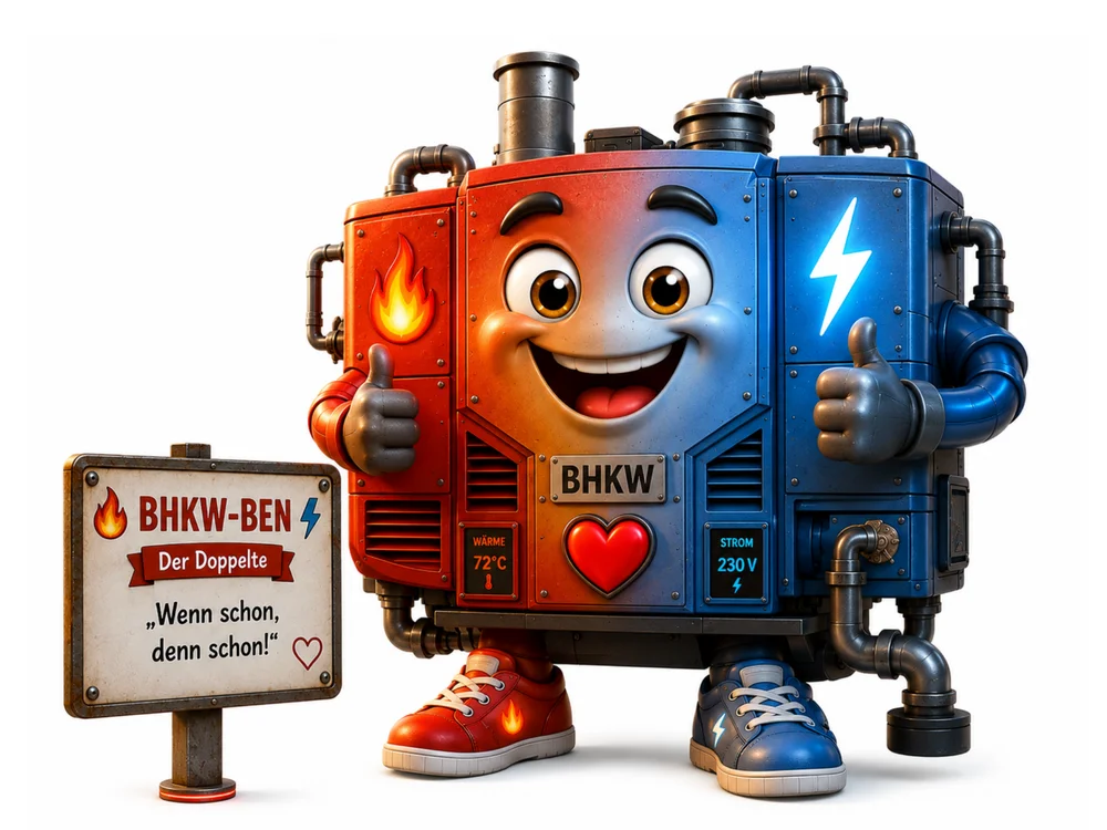 Comic-Figur BHKW-Ben, ein Blockheizkraftwerk-Aggregat mit halb roter, halb blauer Gehäusehälfte, flammendem Symbol auf der roten und Blitzsymbol auf der blauen Seite, Anzeigen "WÄRME 72°C" und "STROM 230V", mittig ein rotes Herz, Schornsteinrohre oben, rote und blaue Sneaker mit Flammen- bzw. Blitzmuster, beide Daumen nach oben gestreckt. Auf dem Schild daneben steht "BHKW-BEN – Der Doppelte – „Wenn schon, denn schon!“".
