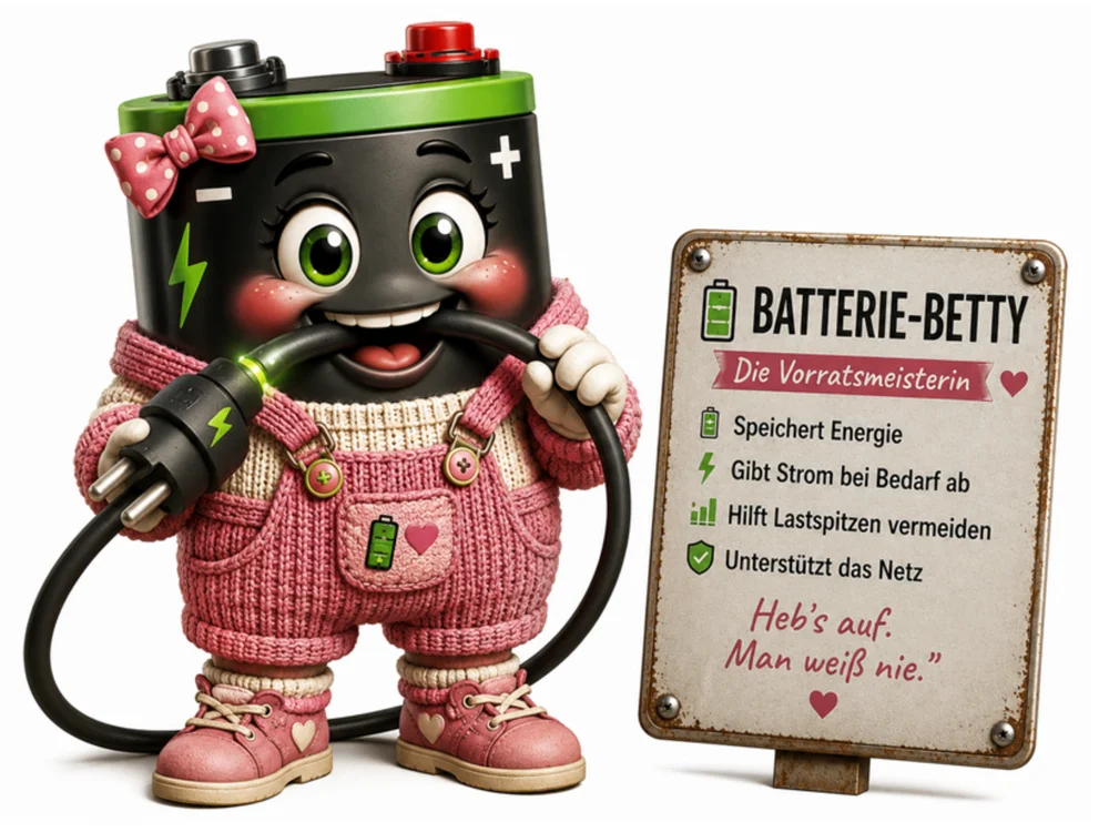 Comic-Figur Batterie-Betty, eine schwarze Batterie mit grünem Deckel, grauem Minus- und rotem Pluspol, großen grünen Augen und einer rosa Punkte-Schleife im Haar. Sie trägt eine cremefarbene Strickjacke unter einer rosa Latzhose mit Batterie-Herz-Patch und rosa Sneakern mit Herzchen, hält ein schwarzes Ladekabel mit leuchtendem grünen Stecker im Mund. Auf dem Schild daneben stehen die Eigenschaften "SPEICHERT ENERGIE", "GIBT STROM BEI BEDARF AB", "HILFT LASTSPITZEN VERMEIDEN", "UNTERSTÜTZT DAS NETZ" mit dem Spruch "Heb’s auf. Man weiß nie.".