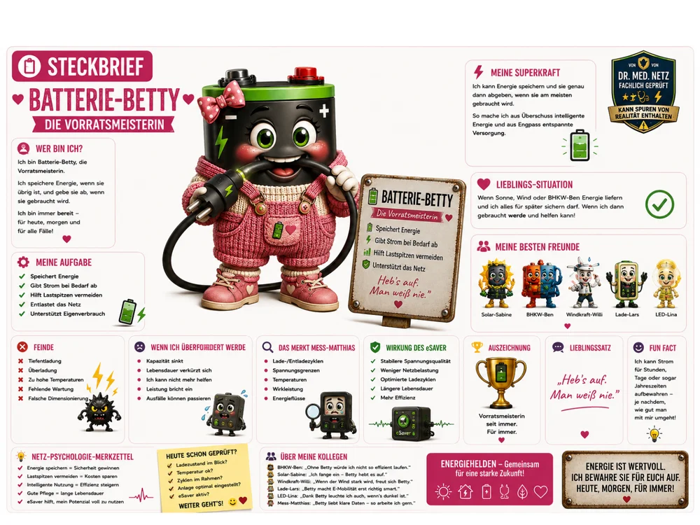 Steckbrief-Infografik zu Batterie-Betty: Links die Figur mit rosa Schleife, cremefarbener Strickjacke und Ladekabel im Mund. Rechts der Steckbrief mit Motto "Die Vorratsmeisterin", Selbstbeschreibung, Aufgabe (Speichert Energie, gibt Strom bei Bedarf ab, hilft Lastspitzen vermeiden, entlastet das Netz), Superkraft, Lieblings-Situation, Freundesliste (u. a. Solar-Sabine, BHKW-Ben, Windkraft-Willi, Lade-Lars, LED-Lina), Feinden wie Tiefentladung und Überladung, Wirkung des eSaver und Fun Fact zur Speicherdauer.