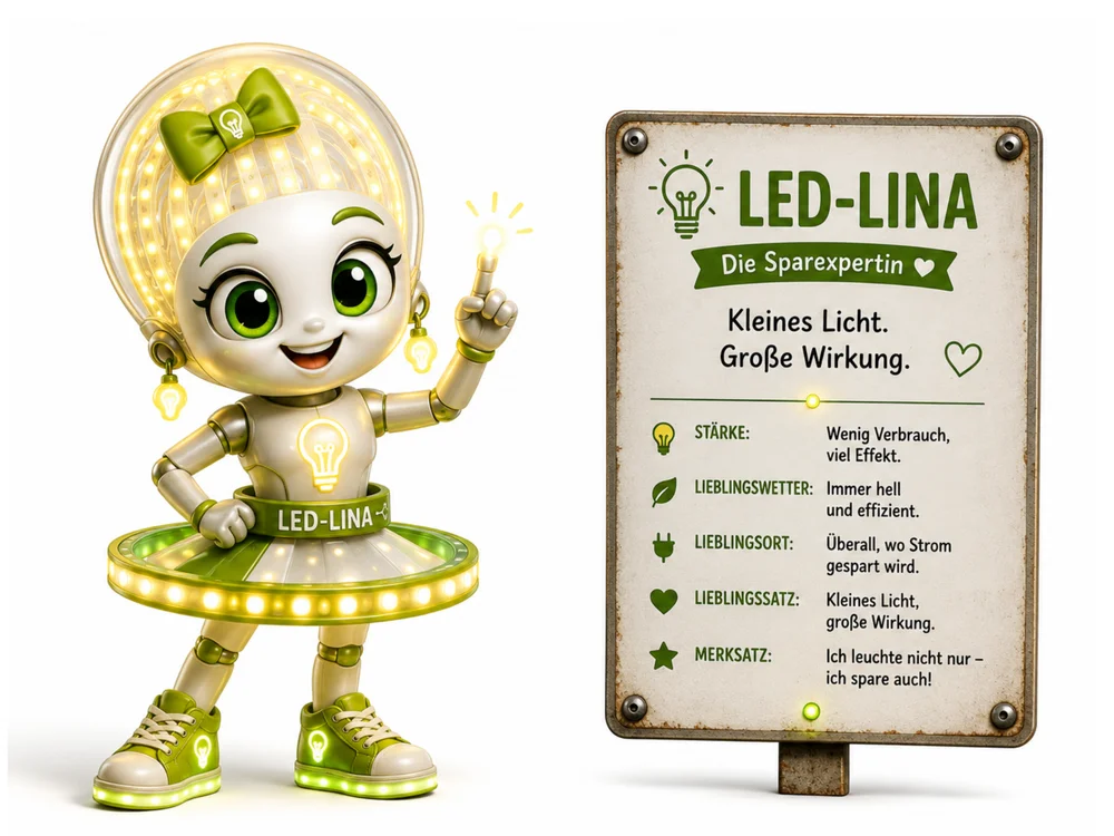 Comic-Figur LED-Lina, ein kleiner heller Roboter mit lampenschirmartigem, von LED-Lichterstreifen umrandeten Kopf, grüner Schleife im Haar, großen grünen Augen und einem erhobenen, leuchtenden Zeigefinger. Sie trägt ein Oberteil mit Glühbirnen-Symbol, einen tutuartigen Rock mit umlaufendem LED-Lichtring mit der Aufschrift "LED-LINA" sowie grün leuchtende Sneaker mit Glühbirnen-Muster. Auf dem Schild daneben steht "LED-LINA – Die Sparexpertin – Kleines Licht. Große Wirkung." mit Stärke, Lieblingswetter, Lieblingsort, Lieblingssatz und Merksatz.
