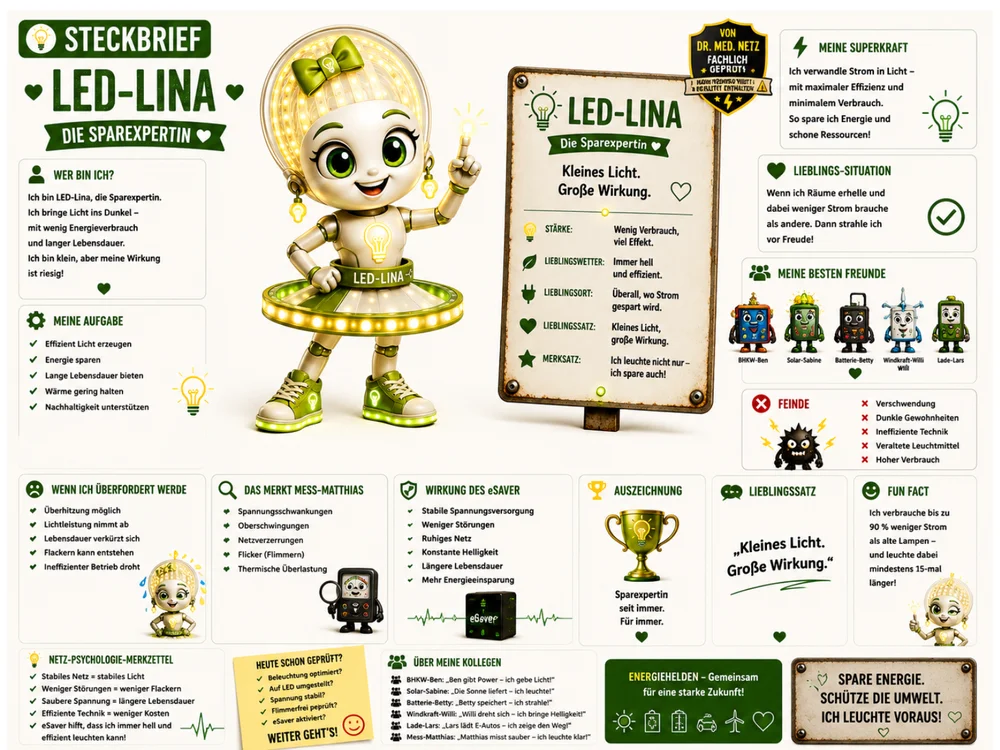 Steckbrief-Infografik zu LED-Lina: Links die leuchtende Roboterfigur mit LED-Lichtring-Rock und erhobenem Finger. Rechts der Steckbrief mit Motto "Die Sparexpertin", Selbstbeschreibung, Aufgabe (Effizient Licht erzeugen, Energie sparen, lange Lebensdauer bieten, Wärme gering halten), Superkraft, Lieblings-Situation, Freundesliste (u. a. BHKW-Ben, Solar-Sabine, Batterie-Betty, Windkraft-Willi, Lade-Lars), Feinden wie Verschwendung und veralteten Leuchtmitteln sowie Fun Fact zur Stromersparnis gegenüber alten Lampen.