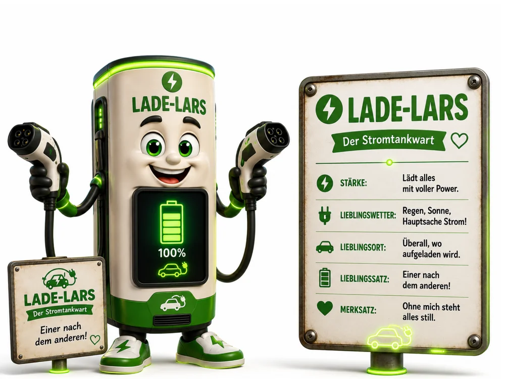 Comic-Figur Lade-Lars, eine cremefarben-grüne Ladesäule mit freundlichem Gesicht und grün leuchtenden Konturen, die in beiden Händen je einen Ladestecker für Elektroautos hält. Auf der Brust ein Display mit einem grünen Batteriesymbol bei "100%" und einem Auto-Icon, an der Basis ein weiteres Auto-Symbol, dazu grün-weiße Sneaker mit Blitzsymbol. Auf dem Schild daneben steht "LADE-LARS – Der Stromtankwart – Einer nach dem anderen!" mit Stärke, Lieblingswetter, Lieblingsort, Lieblingssatz und Merksatz.