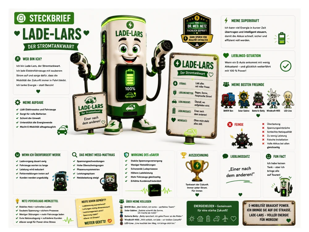 Steckbrief-Infografik zu Lade-Lars: Links die Ladesäulen-Figur mit zwei Ladesteckern und Display "100%". Rechts der Steckbrief mit Motto "Der Stromtankwart", Selbstbeschreibung, Aufgabe (Lädt Elektroautos und Fahrzeuge, sorgt für volle Batterien, schont die Umwelt, unterstützt die Energiewende), Superkraft, Lieblings-Situation, Freundesliste (u. a. BHKW-Ben, Solar-Sabine, Batterie-Betty, Windkraft-Willi, LED-Lina), Feinden wie Überlastung und Spannungseinbrüchen sowie Wirkung des eSaver.