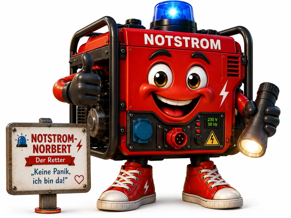 Comic-Figur Notstrom-Norbert, ein roter Notstromgenerator mit der Aufschrift "NOTSTROM", blau blinkendem Warnlicht auf dem Dach, freundlichem Gesicht, digitaler Anzeige "230V 50Hz" und einem gelben Warnsymbol. Er zeigt mit einer Hand einen Daumen nach oben und hält mit der anderen eine leuchtende Taschenlampe, dazu rote Sneaker mit Blitzsymbol. Auf dem Schild daneben steht "NOTSTROM-NORBERT – Der Retter – „Keine Panik, ich bin da!“".