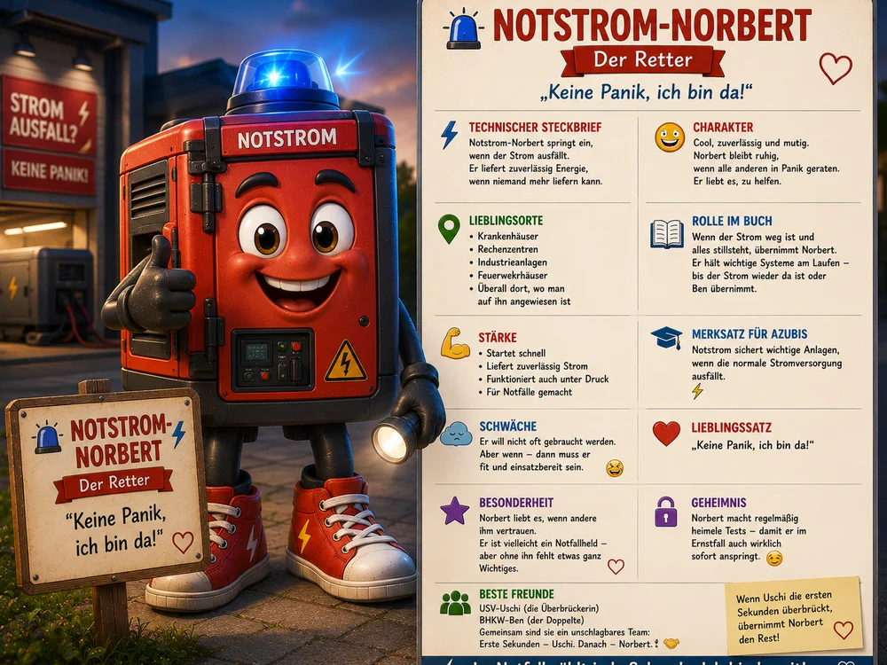 Steckbrief-Infografik zu Notstrom-Norbert vor nächtlicher Gebäudekulisse mit der Aufschrift "STROMAUSFALL? KEINE PANIK": Links die Figur mit Warnlicht, Taschenlampe und Schild "Keine Panik, ich bin da!". Rechts der Steckbrief mit technischer Beschreibung (springt ein, wenn der Strom ausfällt, liefert zuverlässig Energie), Charakter (cool, zuverlässig, mutig), Lieblingsorten (Krankenhäuser, Rechenzentren, Industrieanlagen, Feuerwehrhäuser), Stärke, Schwäche, Besonderheit, Geheimnis und besten Freunden wie USV-Uschi und BHKW-Ben.
