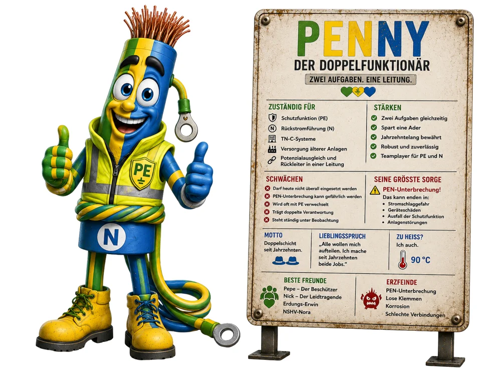 Halb gelb-halb blaue Comicfigur in gelb-grüner Warnweste mit der Aufschrift „PE“, dem Buchstaben „N“ auf blauem Bauchbereich und rot-braunen Kabelenden als Frisur zeigt lächelnd beide Daumen hoch, um die Hüfte ein Kabel gewickelt; daneben ein Schild mit der Aufschrift „Penny – Der Doppelfunktionär, Zwei Aufgaben. Eine Leitung.“