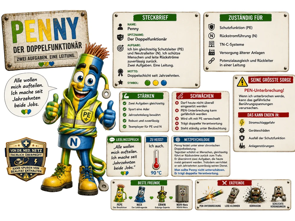 Infografik-Steckbrief zu Penny mit Textblöcken zu Steckbrief, Zuständigkeit, Stärken, Schwächen, größter Sorge, Motto, Lieblingsspruch, Temperaturangabe „90 °C“, besten Freunden und Erzfeinden; im Zentrum die halb gelb-halb blaue Figur mit Kabel um die Hüfte.
