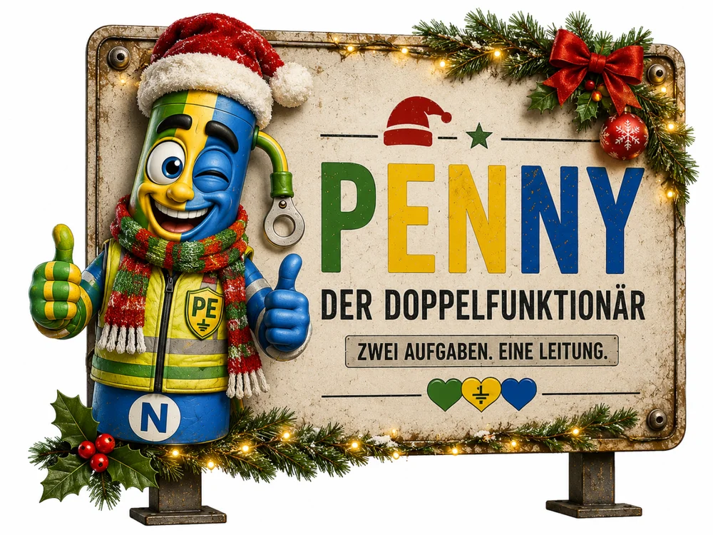 Halb gelb-halb blaue Doppelfunktionär-Figur mit Weihnachtsmütze, rot-grünem Schal und zwinkerndem Auge zeigt lächelnd beide Daumen hoch vor einem weihnachtlich mit Tannenzweigen, Lichterkette und roter Schleife geschmückten Schild mit der Aufschrift „Penny – Der Doppelfunktionär“.