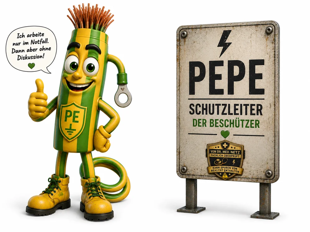 Grün-gelb gestreifte, zylinderförmige Comicfigur mit rot-braunen Kabelenden als Frisur, einem Schild mit der Aufschrift „PE“ auf der Brust und einem Ringkabelschuh am Arm zeigt lächelnd den Daumen hoch; Sprechblase „Ich arbeite nur im Notfall. Dann aber ohne Diskussion!“; daneben ein Schild mit der Aufschrift „Pepe – Schutzleiter, Der Beschützer“.