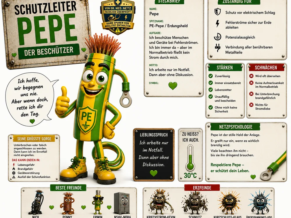Infografik-Steckbrief zu Pepe mit Textblöcken zu Steckbrief, Aufgabe, Motto, Symbol, Zuständigkeit, Stärken, Schwächen, größter Sorge, Lieblingsspruch, Temperaturangabe, Netz-Psychologie, besten Freunden und Erzfeinden; im Zentrum die grün-gelbe Pepe-Figur.