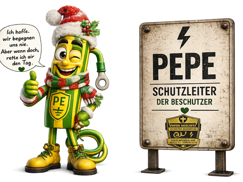 Grün-gelbe Schutzleiter-Figur mit Weihnachtsmütze, rot-grünem Schal und zwinkerndem Auge zeigt lächelnd den Daumen hoch vor einem weihnachtlichen Schild mit der Aufschrift „Pepe – Schutzleiter, Der Beschützer“.
