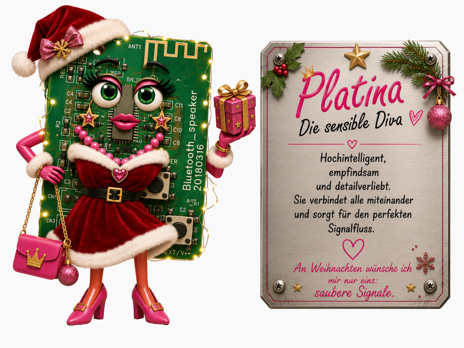 Comic-Figur Platina, eine grüne Leiterplatte mit großen Augen und pinken Lippen, in weihnachtlichem rotem Samtkleid mit weißem Pelzbesatz und roter Zipfelmütze mit pinker Schleife. Sie ist mit einer Lichterkette geschmückt, hält ein pinkes Geschenkpaket mit goldener Schleife sowie ihre pinke Handtasche. Die danebenstehende Metallplakette ist weihnachtlich mit Tannenzweigen, einem goldenen Stern und einer Christbaumkugel verziert und trägt den Text "An Weihnachten wünsche ich mir nur eins: saubere Signale.".