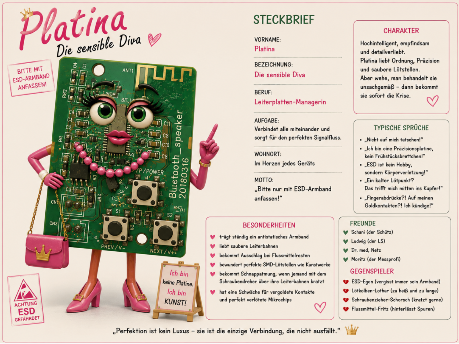 Comic-Figur Platina, eine grüne Leiterplatte mit großen Augen, pinken Lippen und Perlenkette, hält Handtasche mit Kronen-Verschluss. Rechts ein ausführlicher Steckbrief mit Vorname, Bezeichnung ("Die sensible Diva"), Beruf ("Leiterplatten-Managerin"), Aufgabe, Wohnort ("Im Herzen jedes Geräts"), Motto, Charakter-Beschreibung, typischen Sprüchen (u. a. "ESD ist kein Hobby, sondern Körperverletzung!"), Besonderheiten sowie Freunden (u. a. Dr. med. Netz, Moritz der Messprofi) und Gegenspielern (u. a. ESD-Egon, Lötkolben-Lothar).