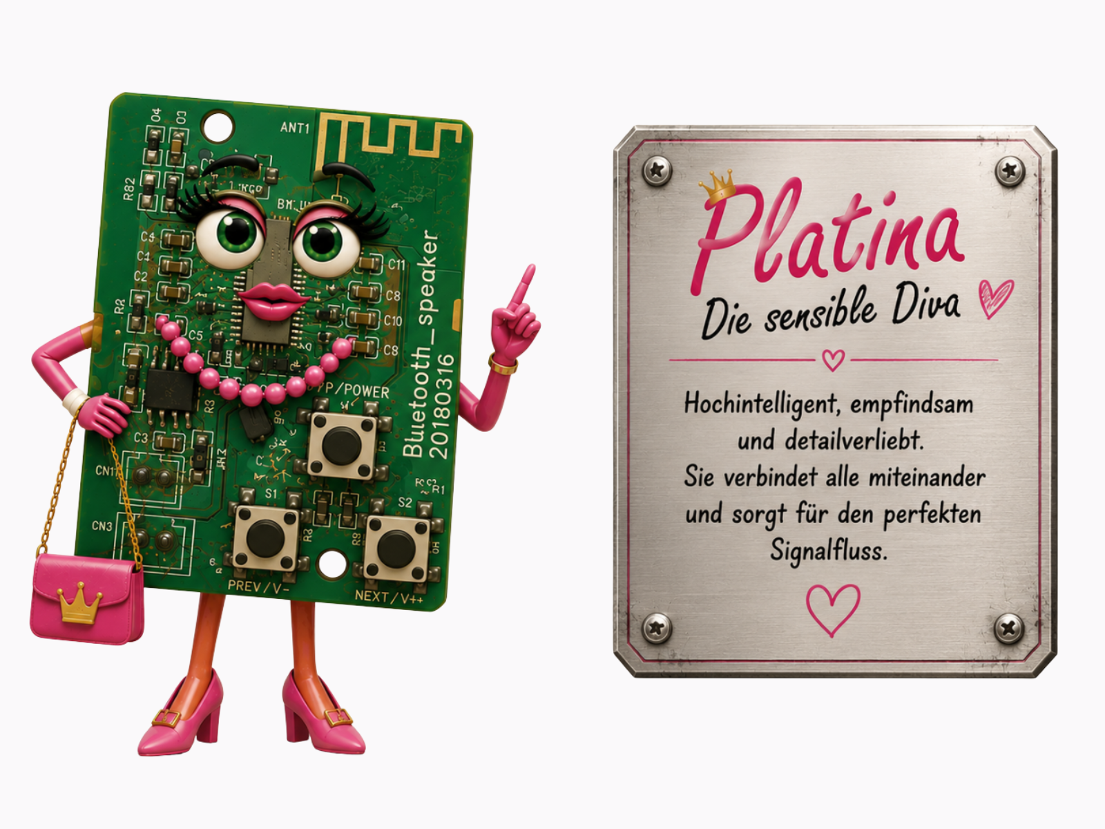 Comic-Figur Platina, eine grüne Leiterplatte mit großen Augen, pinken Lippen und Perlenkette, hält Handtasche mit Kronen-Verschluss, daneben ein kleines Standschild "Ich bin keine Platine. Ich bin KUNST!" und ein ESD-Warnaufkleber "ACHTUNG ESD GEFÄHRDET". Rechts eine schlichte Metallplakette mit Name, Untertitel "Die sensible Diva" und kurzer Selbstbeschreibung, unten der Leitspruch "Perfektion ist kein Luxus – sie ist die einzige Verbindung, die nicht ausfällt.".